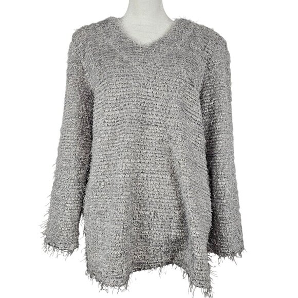 Artex Womens M Sweater Eyelash Fuzzy Soft Pullover Grey Silver Comfy Casual - Picture 1 of 16